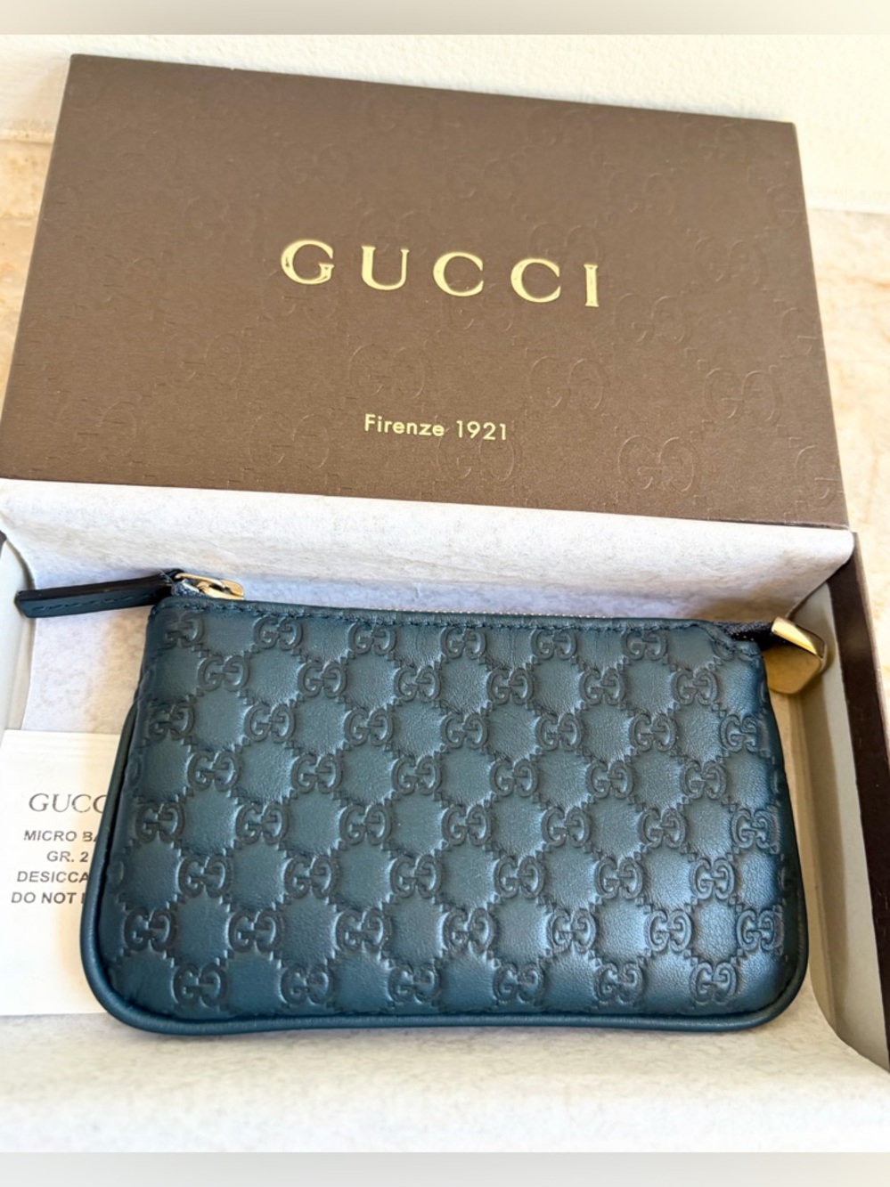 New GUCCI Teal Leather Guccissima Micro GG Coin Key Chain Case w/ Box